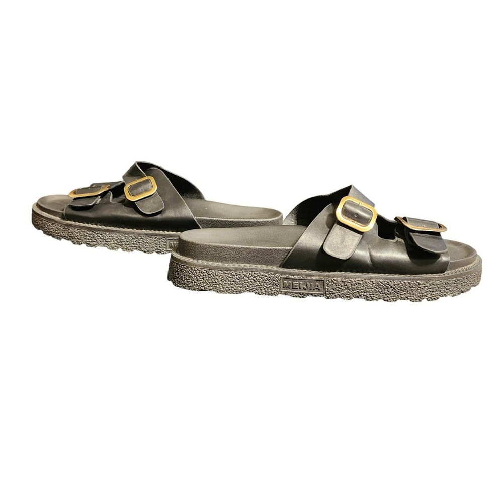 Meijia Womens Black Double Buckle Slide Sandals Gold Hardware Platform Size 10.5